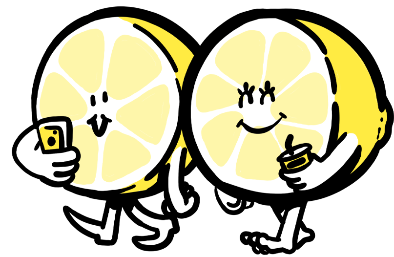 Two illustrated, anthropormorphic lemons walking together. One is looking at his phone, the other is holding a tasty beverage.