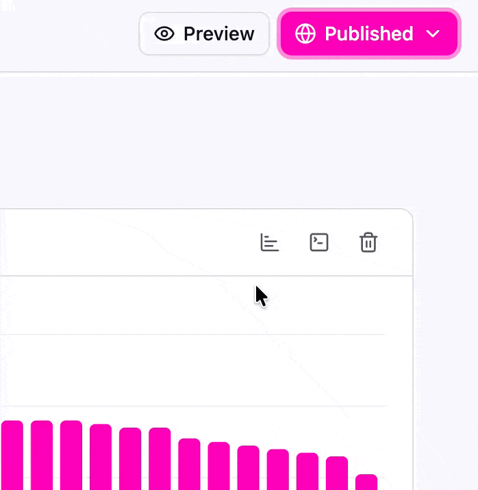 Sharing a dashboard from Summer — click Preview, then Published, and it's live.